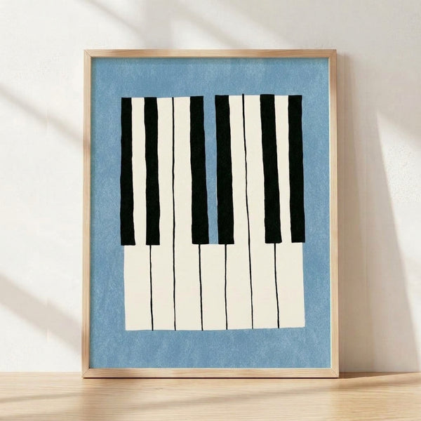 Minimalist framed poster art print featuring a piano keyboard in slate blue, cream, and black with clean geometric lines and Bauhaus-inspired design.