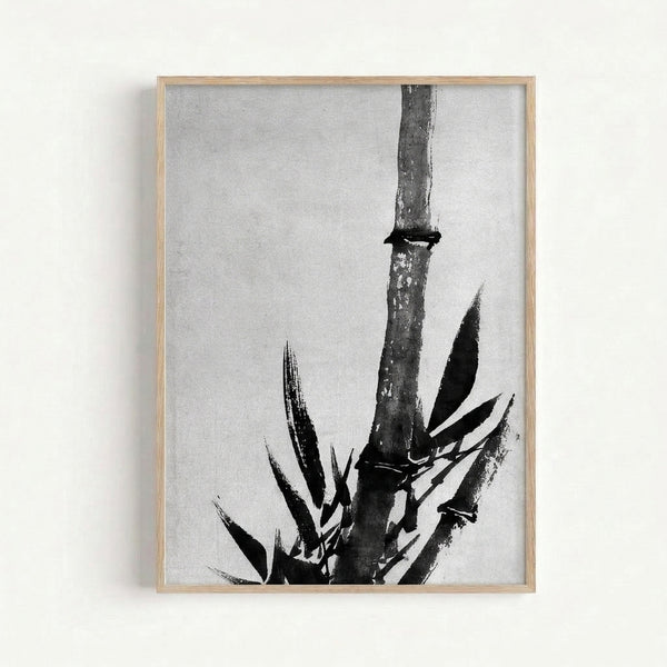 Serene line art print featuring a bamboo branch with sparse foliage and a lizard, executed in monochromatic black ink with a contemplative, wabi-sabi aesthetic.