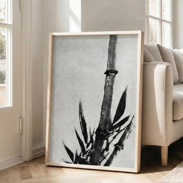 Contemporary Japanese-inspired ink drawing of a bamboo plant with an observant lizard, emphasizing simplicity and balance through bold black lines on pale ground.