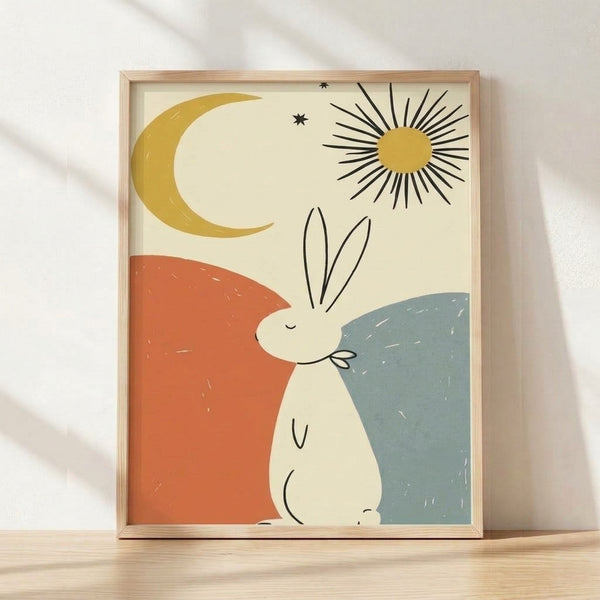 Minimalist line art poster featuring a rabbit silhouette with sun and moon motifs in cream, mustard gold, and slate blue on a framed wall art print.