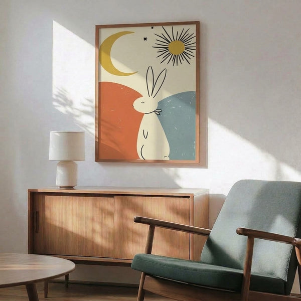 Mid-century modern line drawing of a rabbit gazing at celestial sun and moon symbols, rendered in warm rust orange and cool slate tones on a framed poster.