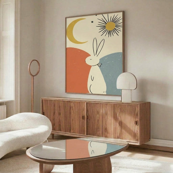 Calm and whimsical framed art print with a simple rabbit figure surrounded by sun, moon, and star line work in a peaceful minimalist style.