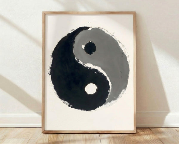 Minimalist yin yang symbol rendered in black ink wash on cream background, creating a balanced and contemplative abstract composition.