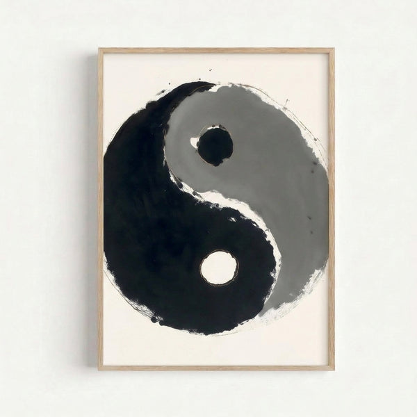 Framed poster featuring a serene yin yang design in grayscale ink wash technique, embodying calm and equilibrium in modern minimalist style.