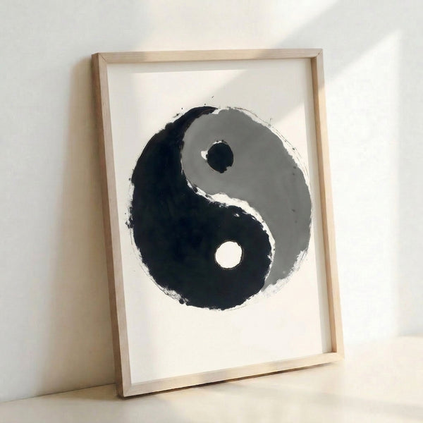 Abstract black and white yin yang artwork with soft ink wash effects, conveying a peaceful and harmonious meditative mood.