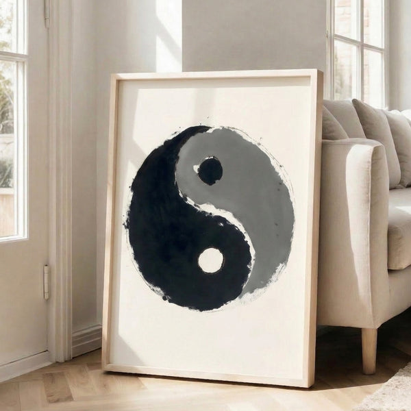 Contemporary poster art displaying a balanced yin yang symbol in black and gray tones with fluid, contemplative ink wash brushwork.
