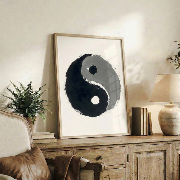 Minimalist framed print of a yin yang circle executed in wabi sabi ink wash technique, promoting tranquility and spiritual balance.