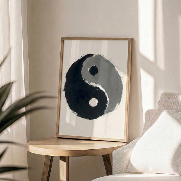 Black ink wash yin yang design on cream ground, a serene abstract poster capturing zen aesthetic and perfect visual equilibrium.