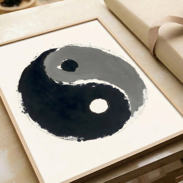 Framed modern artwork featuring a softly rendered yin yang symbol in grayscale ink wash, evoking contemplative and centered energy.