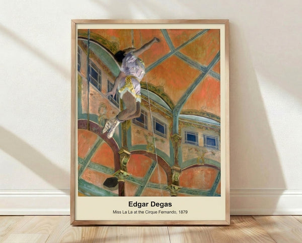 Impressionist painting of a circus acrobat suspended by rope against a domed ceiling, rendered in soft creams, golds, and earth tones with dramatic upward perspective.