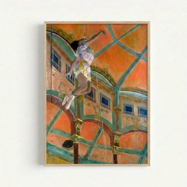 Vintage Impressionist artwork depicting Miss La La hanging from a rope at the Cirque Fernando, capturing the fleeting tension of aerial performance in warm and cool tones.
