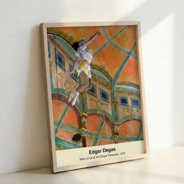 Framed poster of an acrobat in mid-performance at a historic circus, painted in Degas' Impressionist style with delicate flesh tones contrasting against blue-gray and golden background.