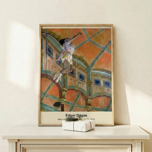 Degas-inspired circus scene showing a suspended female performer against an ornate dome, executed in muted creams and browns with impressionistic brushwork.