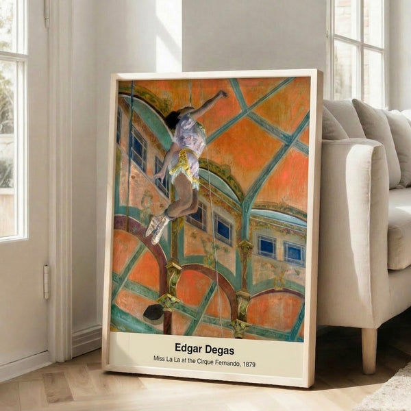 Dramatic aerial circus portrait of a rope-suspended acrobat viewed from below, rendered in soft impressionist palette of cream, gold, and slate tones.