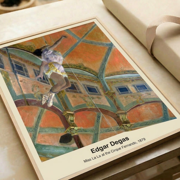 Impressionist-style framed poster depicting the suspended tension of circus acrobatics, with delicate figuration set against architectural elements in muted gold, cream, and blue-gray.