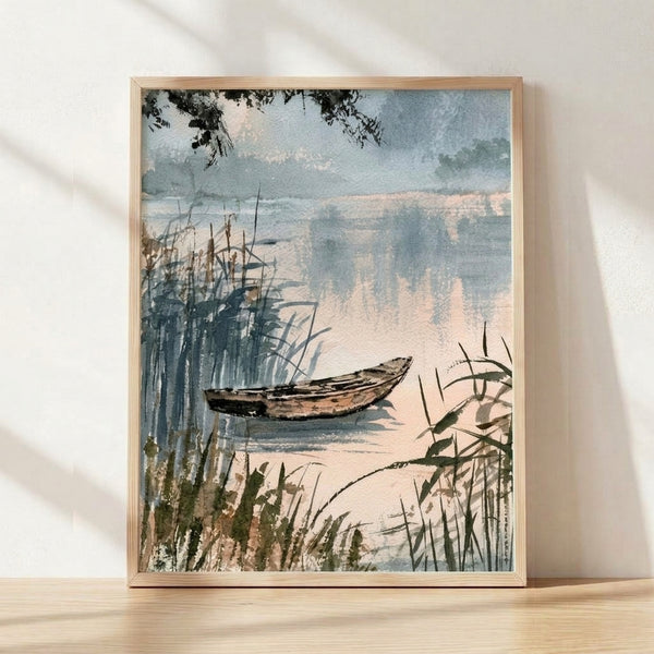 Serene watercolor landscape painting featuring a solitary boat on a misty lake surrounded by soft reeds and distant trees in muted blues, greens, and warm tans.