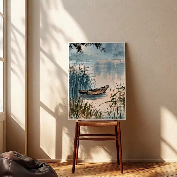Impressionist watercolor poster depicting a tranquil water landscape with a lone boat framed by misty trees and reeds in soft, muted earth tones and dusty blues.