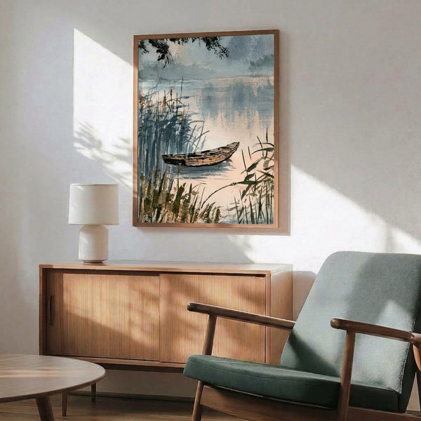 Minimalist watercolor wall art capturing the stillness of a lakeside moment, with a boat floating among reeds beneath a serene, fog-laden sky in gentle, calming hues.