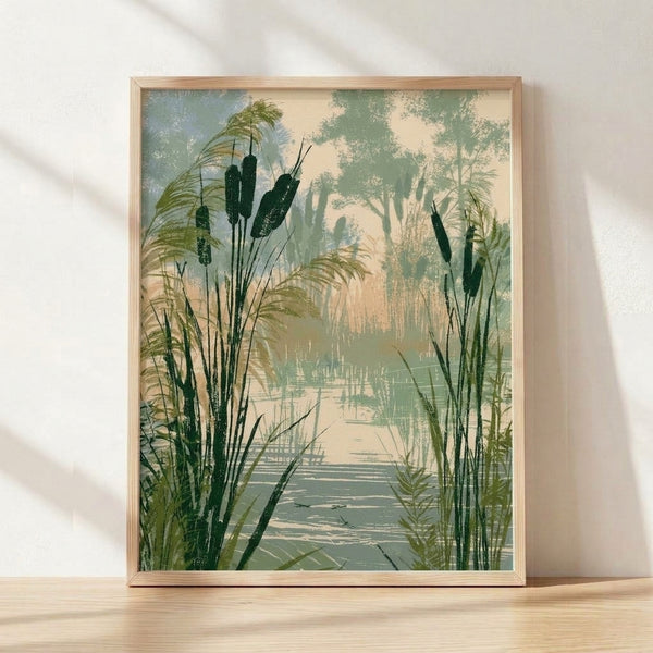 Serene marsh landscape poster with cattails and reflective water in muted sage green, cream, and pale blue-gray tones, featuring minimalist Japandi aesthetic.