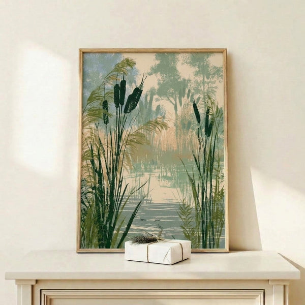 Framed nature art print depicting peaceful wetland scene with reeds in soft green and forest hues, embodying zen meditation and wabi-sabi design sensibility.