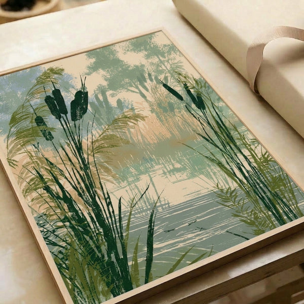 Vintage-inspired botanical landscape showing still cattail marsh with layered soft greens and creams, capturing quiet contemplative mood through minimalist composition.