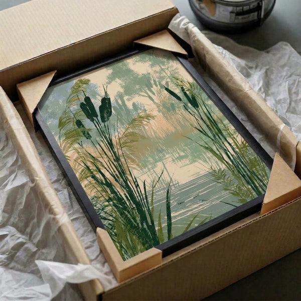 Calm wetland forest poster with muted palette of sage and dark green cattails reflected in water, rendered in peaceful Japandi style with understated elegance.