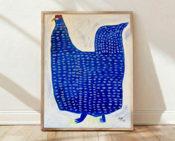 Minimalist line art portrait of a blue speckled hen with geometric patterns in cobalt blue, cream, and rust accents on a pale gray background.
