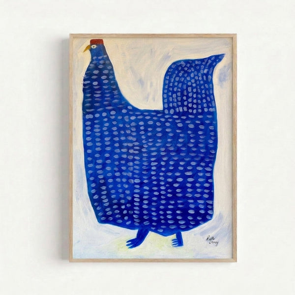 Whimsical blue hen illustration rendered in calm, modern line art style with speckled feather details and geometric shapes in warm and cool tones.