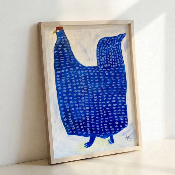 Contemporary bird portrait featuring a hen in cobalt blue with pale yellow and rust markings, executed as elegant line art with minimalist composition.