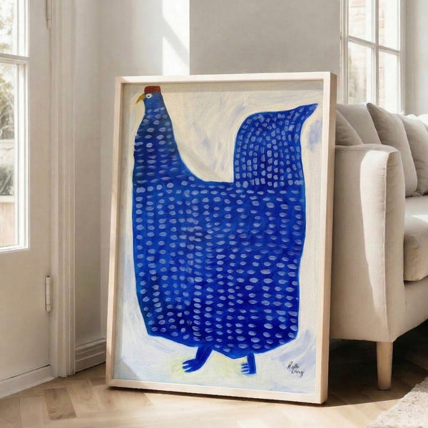 Japandi-inspired hen painting in muted blues and creams, combining geometric line work with a serene, understated aesthetic ideal for modern spaces.