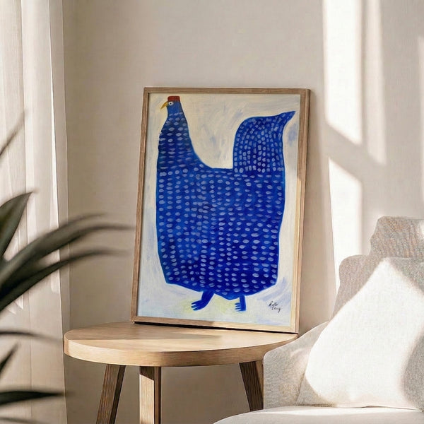 Stylized chicken portrait with speckled plumage in cobalt blue and rust red, rendered in calm, minimalist line art with subtle geometric detailing.