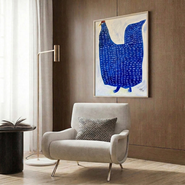 Modern line art print of a geometric hen in blue and cream tones with rust accents, capturing a whimsical yet peaceful bird study.