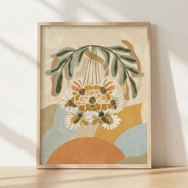 Serene botanical poster featuring bees and daisies in a honeycomb pattern against a sage green background, rendered in minimalist style with cream, golden yellow, and soft blue tones.