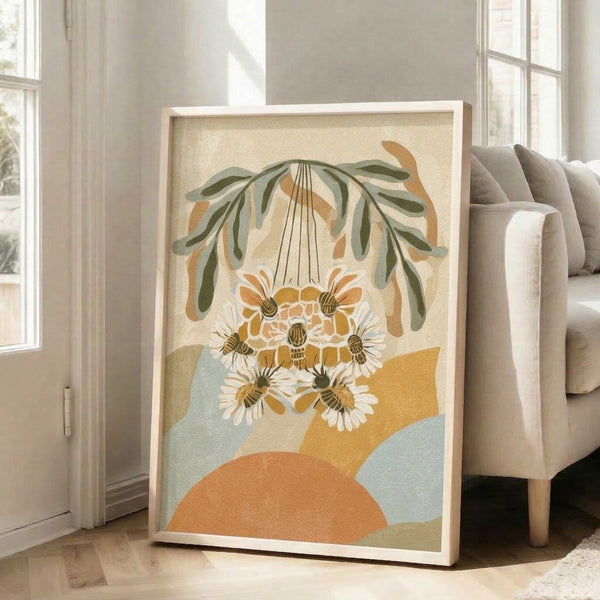 Modern nature-inspired wall art depicting blooming daisies and honeybees in muted sage green, cream, and burnt orange hues with organic, wabi-sabi aesthetic.