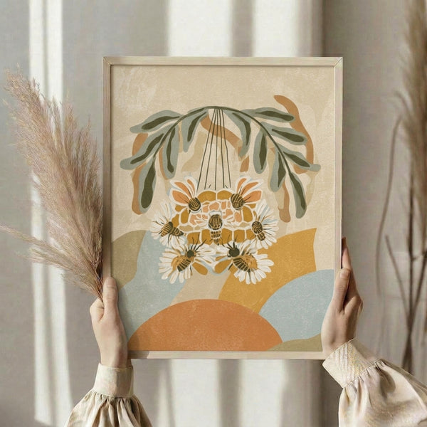 Minimalist framed poster showcasing delicate daisies and bees arranged in honeycomb composition, combining soft botanical elements in calming sage green and golden yellow palette.