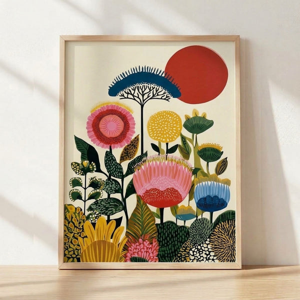 Minimalist botanical art print featuring stylized flowers and leaves in coral red, mustard yellow, navy blue, and forest green against a cream background, framed on a wall.