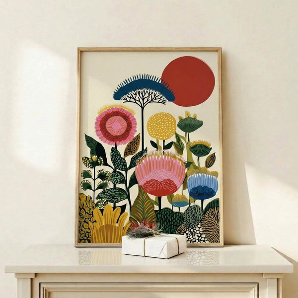 Whimsical boho flower poster with abstract blooms, a glowing red sun, and organic foliage in warm and cool tones, displayed as a framed art print.