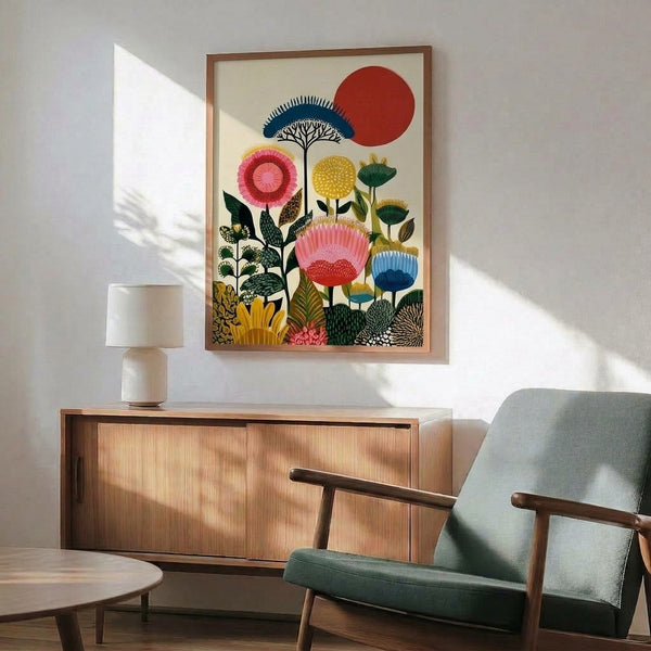 Modern botanical wall art showcasing layered pink, coral, and navy flora with a bold sun motif in a cheerful, calm composition on cream.