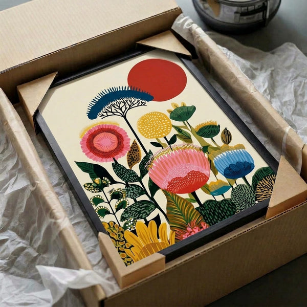 Framed nature-inspired poster blending minimalist florals and leafy forms in a harmonious palette of mustard, forest green, coral red, and navy blue.