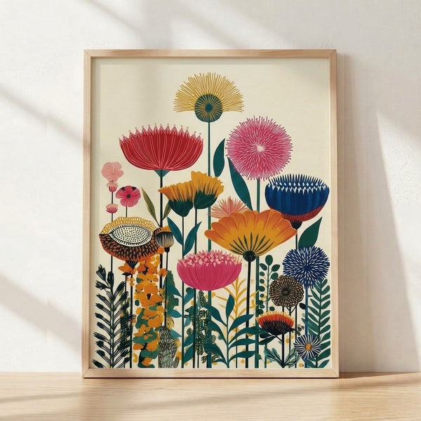 Modern minimalist botanical illustration featuring stylized flowers and ferns in cream, teal, coral pink, and golden yellow tones, framed as a contemporary wall art print.