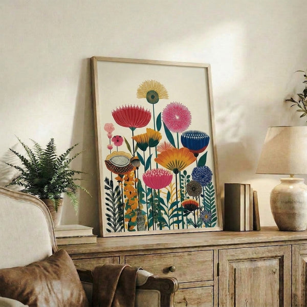 Cheerful botanical poster displaying daisies, poppies, and leafy stems in a minimalist style with navy blue, cream, and warm coral accents on a neutral background.