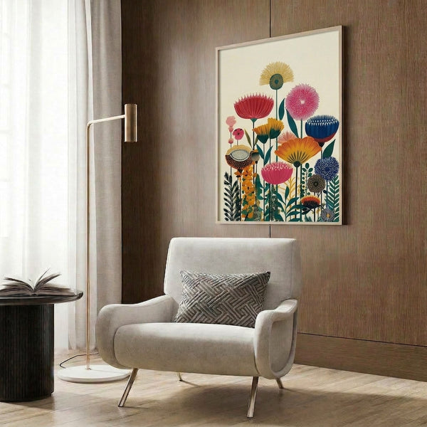 Contemporary flower art print showcasing organic botanical elements in muted teal, golden yellow, and soft pink hues with a clean, minimalist aesthetic.