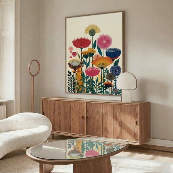 Bright minimalist floral wall art featuring stylized blooms and foliage in cream, navy, teal, and coral tones creating a cheerful, modern botanical composition.