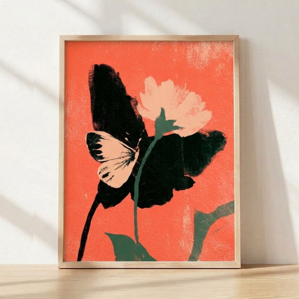 Framed modern botanical print featuring a coral butterfly with pressed flower elements and teal green accents on a cream background, creating a serene and sophisticated wall display.