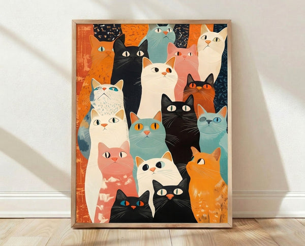 Whimsical modern line art poster featuring a crowd of colorful cats with bold orange, teal, and coral tones against a cream background, framed on a wall.