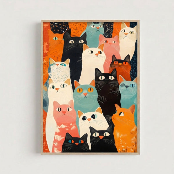 Playful retro cat portrait print with multiple feline faces in vibrant orange and teal, rendered in contemporary line art style with black accents.