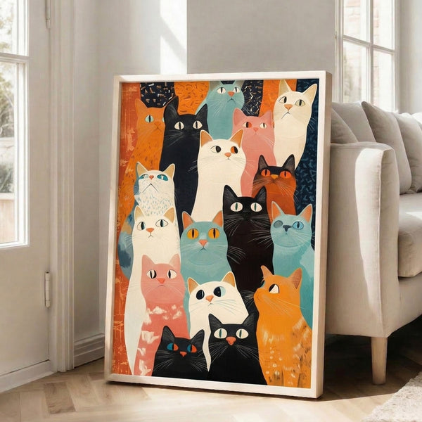 Contemporary cat crowd illustration in retro style, combining warm and cool tones of orange, teal, and black with whimsical character details.