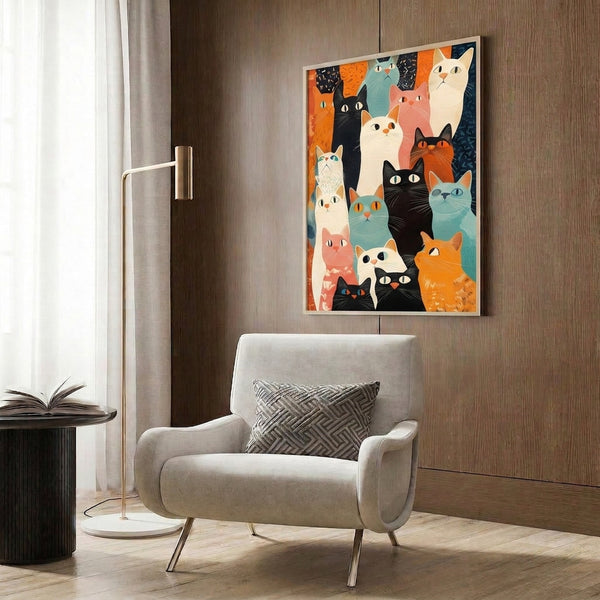 Playful retro-style feline portrait poster with a group of cats rendered in vibrant orange, teal, and cream using bold contemporary line art techniques.
