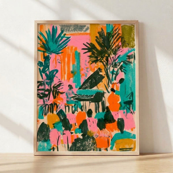Abstract tropical garden scene with vibrant pink, teal, and orange tones featuring stylized cacti, exotic plants, and birds in a playful Y2K modern art style, framed poster on wall.