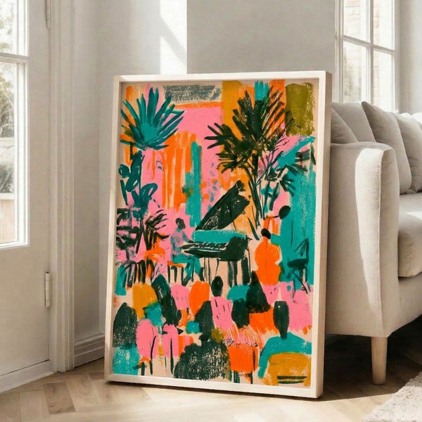Modern abstract desert landscape with energetic color blocking in cream, pink, and teal showcasing botanical elements and birds in a retro-inspired tropical composition, framed wall art.
